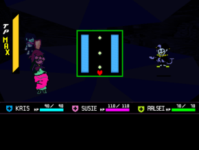 Deltarune támadóképernyő, ahol egy fehér dobozban van egy szív, fölötte sorban 3 zöld rombusz van két kék csík között